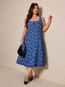 Elaquor Đầm denim cạp chun eo họa tiết hoa không tay cổ vuông thời trang cỡ lớn - Màu xanh lam - Xem 5