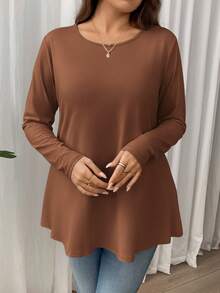 Firerie Maglietta basic a maniche lunghe con orlo a ombrello, vestibilità morbida, scollo tondo, colore unito, elegante e casual, adatta per le vacanze, taglie comode - Marrone ruggine - Visualizzare 4