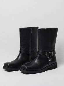 MUSERA Women Black Faux Leather Buckle Biker Boot Ankle Boots & Booties For Christmas - Black - View 5