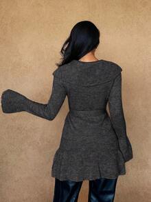 Islaluna 女士简约优雅法式浪漫系带开衫 - 深灰色 - 查看 2