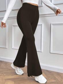 EMERY ROSE 女士休闲日常百搭修身保暖高腰喇叭裤，松紧腰，黑色，冬季款 - 巧克力棕 - 查看 5