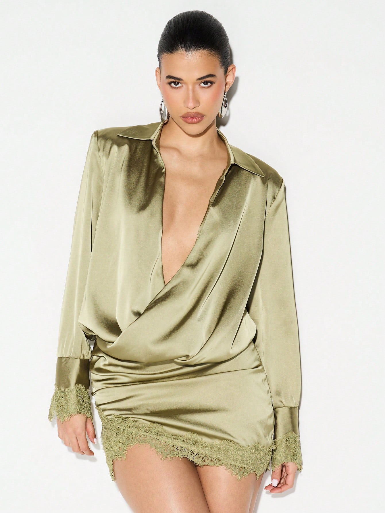 KIZN Satin Plunge Neck Mini Dress With Lace Trim