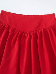SHEIN 2件套少女粉色蝴蝶结字母V领黑色宽松T恤和粉色V字褶裙套装，甜美可爱 - 紅色 - 查看 6