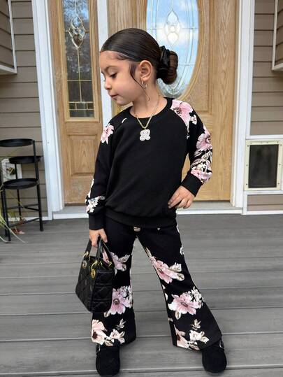 Young Girl Casual & Floral Pattern Raglan Sleeve Sweatshirt And Flare Pants Set, Suitable For Autumn/Winter Casual, Daily Wear And School, Sweet, Fashionable, Cute, Comfortable, Multifunctional, Suitable For School, Home, Holiday, Christmas