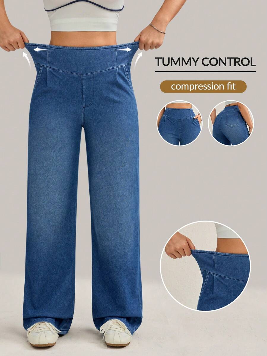 Flexra Damskie jeansy z wysokim stanem i kieszeniami, z szerokimi nogawkami, luźne, uniwersalne - Niebieski - Zobacz 1