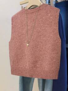 GlowEve Rompi Rajut Longgar Kasual Leher Bulat Warna Polos untuk Wanita, Musim Gugur/Dingin - Dusty Pink - View 2