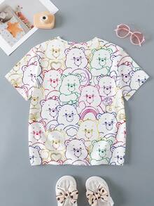 SHEIN X Care Bears Tween Girl Summer Cute Cartoon Bear Print Short Sleeve T-Shirt, Casual Daily Wear Care Bear Shirt Girls Bear Top Cartoon Shirt Kawaii Shirt - White - View 2