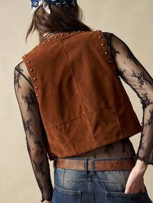 SHEIN BohoFeels Áo vest nữ dáng ngắn màu nâu trơn dệt kim phong cách BOHO thường ngày, thích hợp cho các bữa tiệc. - màu nâu - Xem 2