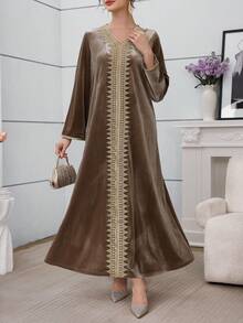 Al Najma Luxury Velvet Patchwork Embroidered Gold Trim Long Dress, Fall/Winter 2025 Kaftan Jalabiya Dress - Camel - View 6