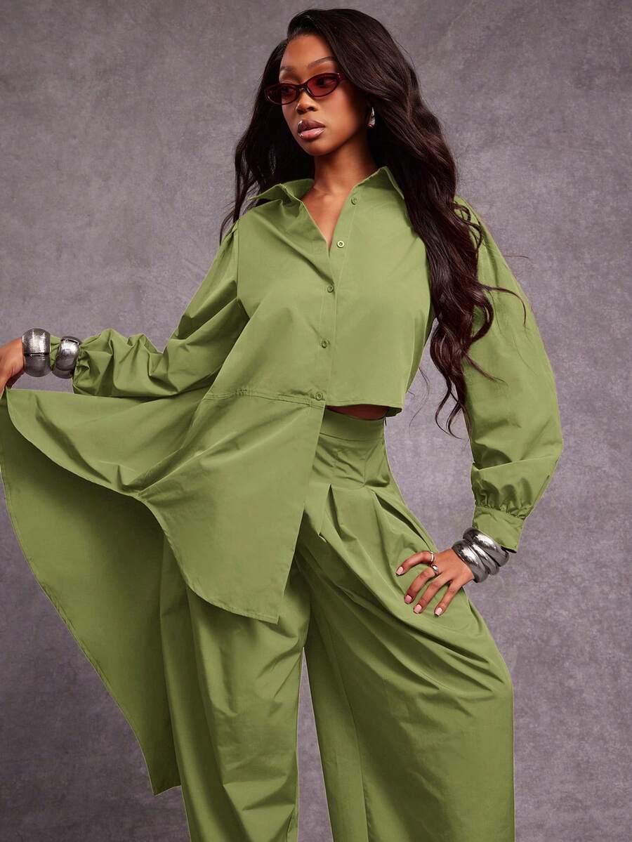 NYA SZN Long Sleeve Oversized Loose Buttons Collar Drape Detail High Low Hem Shirt, Teacher Summer - Green - View 1