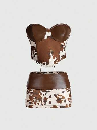 Hippie Vintage Western Tierdruck Patchwork PU Crop Top kombiniert mit superniedriger Taille gefalteter Bund Mini Bodycon Rock