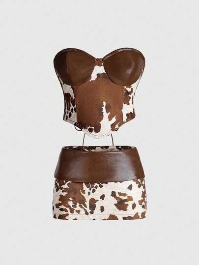 Hippie Top court en patchwork imprimé animal vintage western en PU, assorti à une mini-jupe moulante à taille basse pliée