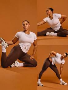 GLOWMODE Quần legging tập gym cạp cao hở lưng liền mạch 24" tác động trung bình - màu nâu - Xem 8