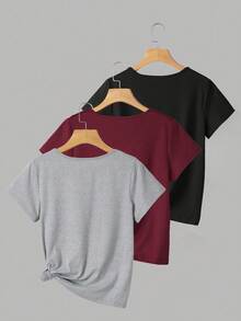 INAWLY Women's Solid Color V-Neck Short Sleeve Casual Versatile T-Shirt - Multicolor - View 2