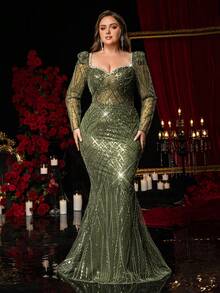 Glamrae Elegancka, luksusowa, zielona sukienka w dużym rozmiarze, z cekinami, dekoltem w serduszko, długim rękawem i dopasowanym dołem w stylu syreny, odpowiednia na wieczorne przyjęcie, randkę, bal, wesele, wakacje (bogaty haft), Walentynki - Zielony - Zobacz 4