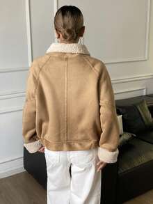 DAZY Chaqueta gruesa forrada de piel sintética para mujer, chaqueta de motociclista de lana de cordero de alta gama, abrigo regular para invierno - Caqui - Ver 2