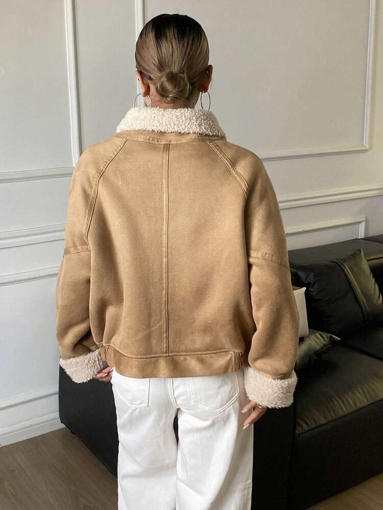 Faux Fur Lined Thick Jacket For Women, High-End Lamb Wool Motorcycle Jacket, Regular Coat For Winter