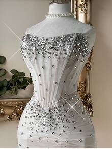 Lovelzi Elegant Luxurious Strapless Mesh Sheer Corset Top With Boned Trim, Intricate Beaded Hem With Asymmetrical Ruched Mesh Skirt, Adjustable Back Tie, Suitable For Dates, Vacations, Birthdays, Graduations, Weddings, Bridal Shower, Tea Party - White - View 2