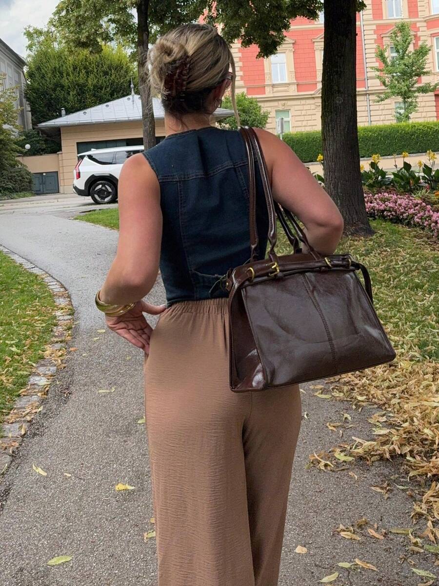 Jeta Ari 女士简约时尚带扣细节优雅通勤单肩包,女士引人注目的工作包,优雅奢华的女士包 - 咖啡棕 - 查看 1