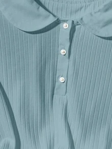 Franclia 时尚休闲宽松翻领半筒仿珍珠纽扣短袖白色春夏女式T恤衫，适合大学校园穿着 - 藍色 - 查看 3