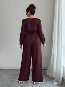 Elenzga 两件套 女士加大码纯色休闲长袖上衣和裤子 - 酒紅色 - 查看 2