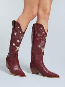 Solezae New Women's Star Cut-Out Vegan Leather Pointed Toe Chunky Heel Slip-On Western Style Chic Cowboy Boots - Burgundy - View 4