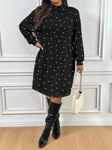 SHEIN Frenchy 休闲白色波点印花加大码女式高领长袖黑色连衣裙，秋冬黑色迷你连衣裙，秋冬 - 彩色 - 查看 7