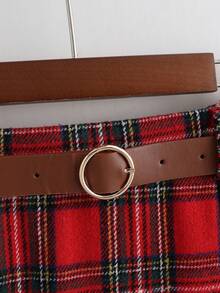 Franclia 休闲时尚百搭弹力腰带棕色皮带，褶裥复古圣诞格子中长裙，女士秋季款 - 紅白色 - 查看 5