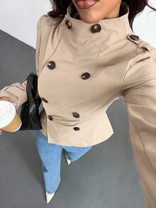 SHEIN PETITE Women's Autumn New Style Stand-Up Collar Long-Sleeved Double-Breasted Waist Trench Coat, Suitable For Daily Street Wear - Khaki - View 10