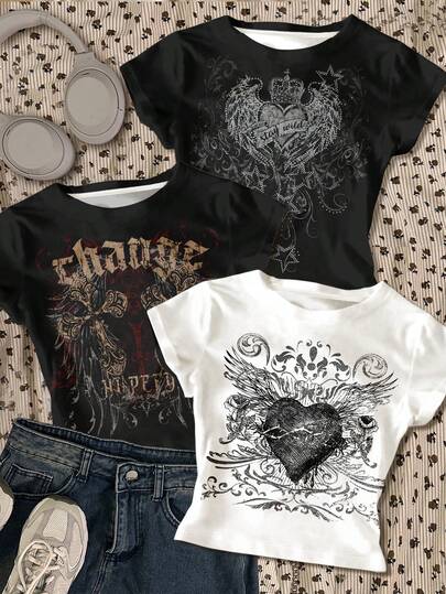 3pcs Tween Girls' Slim Fit Casual Comfortable Crew Neck Long Sleeve T-Shirt, Grunge Vintage Punk Gothic Heart Wing Cross Print, White, Black, Suitable For Summer And All Seasons