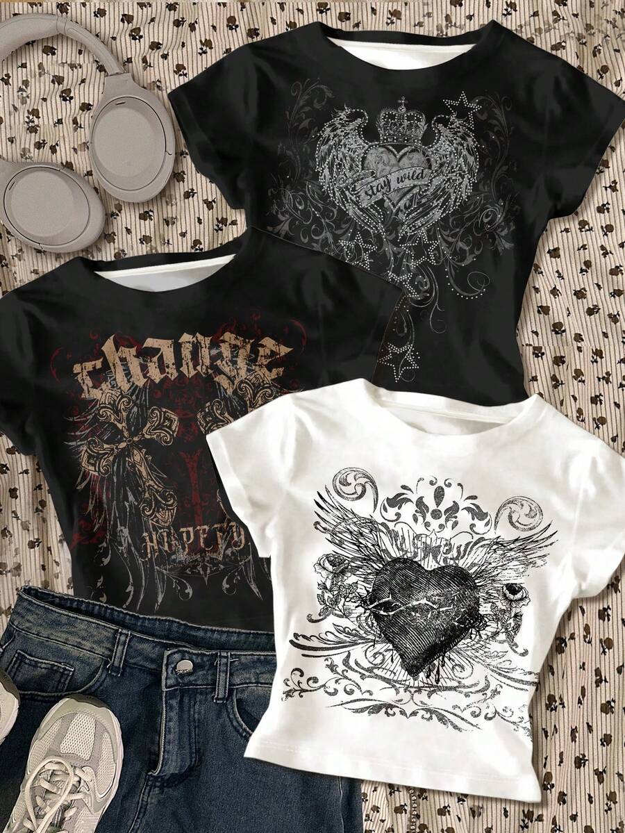 3件装少女修身休闲舒适圆领长袖T恤，复古朋克哥特风爱心翅膀十字印花，白色、黑色，适合夏季及所有季节 - 彩色 - 查看 1