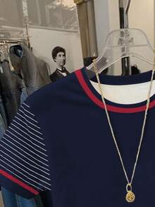 Resyla Women's Casual Striped Patchwork Short Sleeve T-Shirt, Summer - Navy Blue - View 4