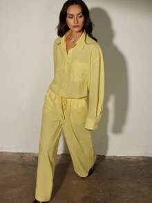 Aveloria Modichic Ensemble 2 pièces pour femme : chemise à manches longues ample et style minimaliste, coupe décontractée, col à revers, style à la mode. - Jaune citron - Voir 2