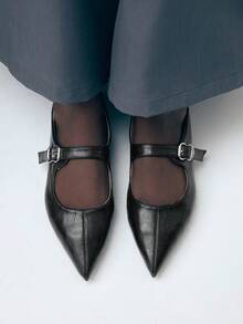 Mnmlis New Autumn Mary Jane Flats With Pointed Toe And Buckle Strap - Black - View 5