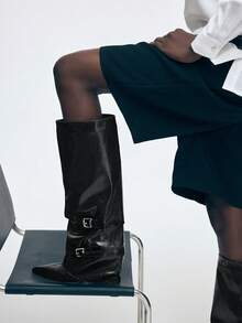 Mnmlis Women's Pointed Toe Pleated Casual Metal Buckle Strap Stiletto Heel Over-The-Knee Boots - Black - View 7