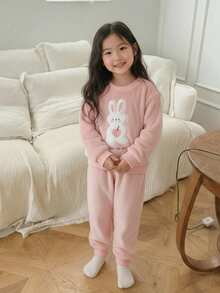 2件套 女童可爱粉色法兰绒面料罗纹袖口白色兔子抱着苹果贴花装饰抓绒长袖上衣和裤子舒适睡衣 - 粉色 - 查看 3