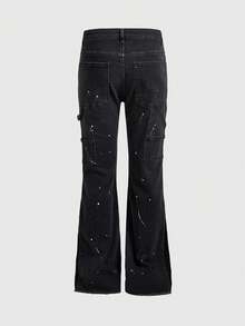 ROMWE MEN Street Life Men's Cross Embroidery Pattern Denim Jeans - Black - View 3