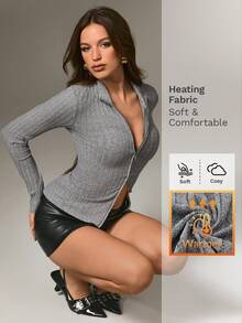 Nuvra 女士长袖拉链设计休闲百搭约会T恤，秋冬款 - 灰色 - 查看 1