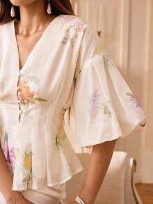 Revavyn Áo cánh tay phồng in hoa Organza dành cho nữ - trắng - Xem 5