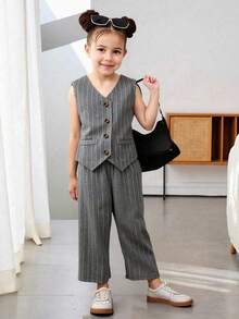 Elladie kids Young Girls Casual Woven Striped Sleeveless Vest And Loose Fit Pants Suit Set - Grey - View 8