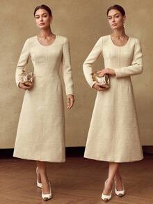 MOTF PREMIUM TWEED CONTRAST SEQUIN SLIM WAIST MIDI DRESS - Apricot - View 7