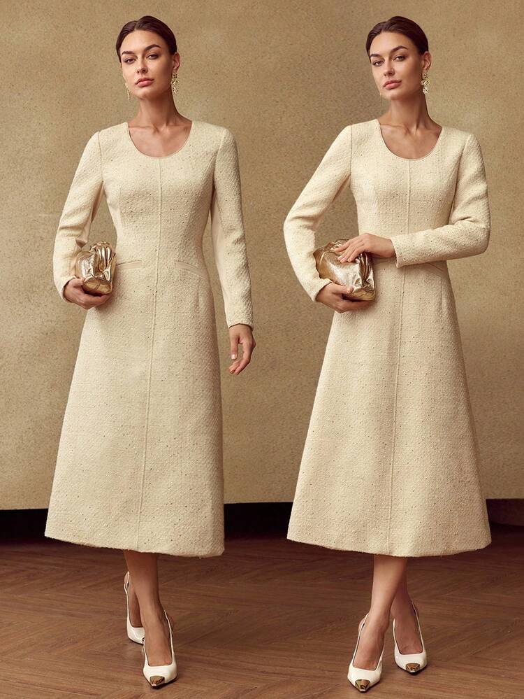 TWEED CONTRAST SEQUIN SLIM WAIST MIDI DRESS