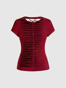 ROMWE Grunge Punk Y2K朋克十字铆钉设计激光镂空后背修身纯色百搭T恤 - 紅色 - 查看 2