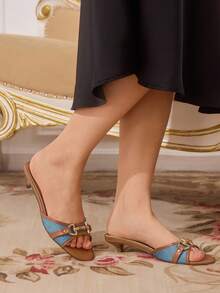CUCCOO TILAWA Women's Blue & Brown PU Mixed Color Gold Buckle Retro Kitten Heel Round Toe Mule Sandals For Christmas - Multicolor - View 9