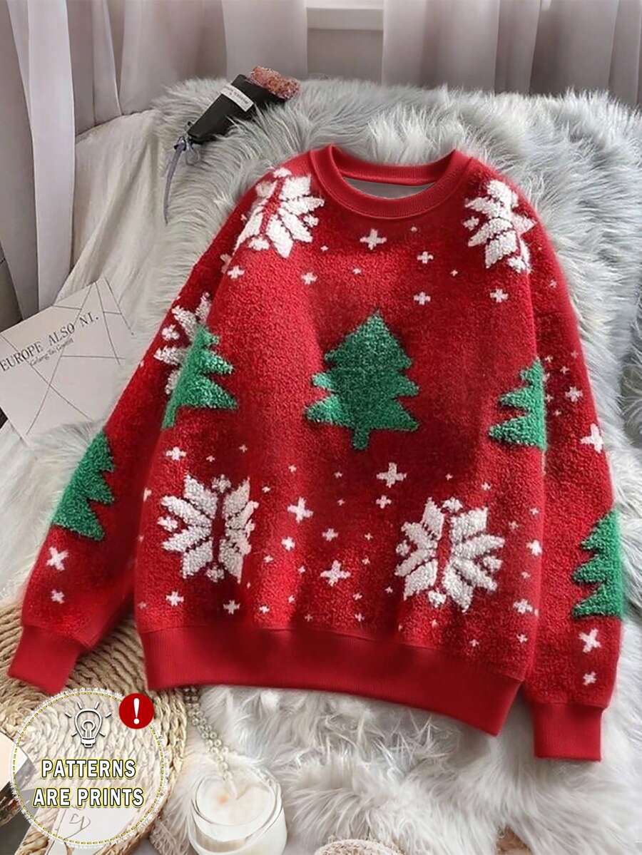 SHEIN 女士卫衣/数码印花/圣诞树雪花图案全仿真毛衣印花/圣诞长袖圆领毛绒卫衣休闲卫衣，圣诞卫衣秋冬时尚/时尚卫衣/新年快乐礼物，家庭新年衬衫，圣诞派对T恤上衣，可爱圣诞节节日礼物/女士休闲宽松圆领上衣/秋冬 - 彩色 - 查看 1