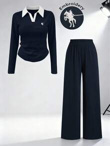 Airaco 2pcs Women Casual Daily Knight Embroidery Long Sleeve Top And Pants Set, Autumn - Navy Blue - View 1