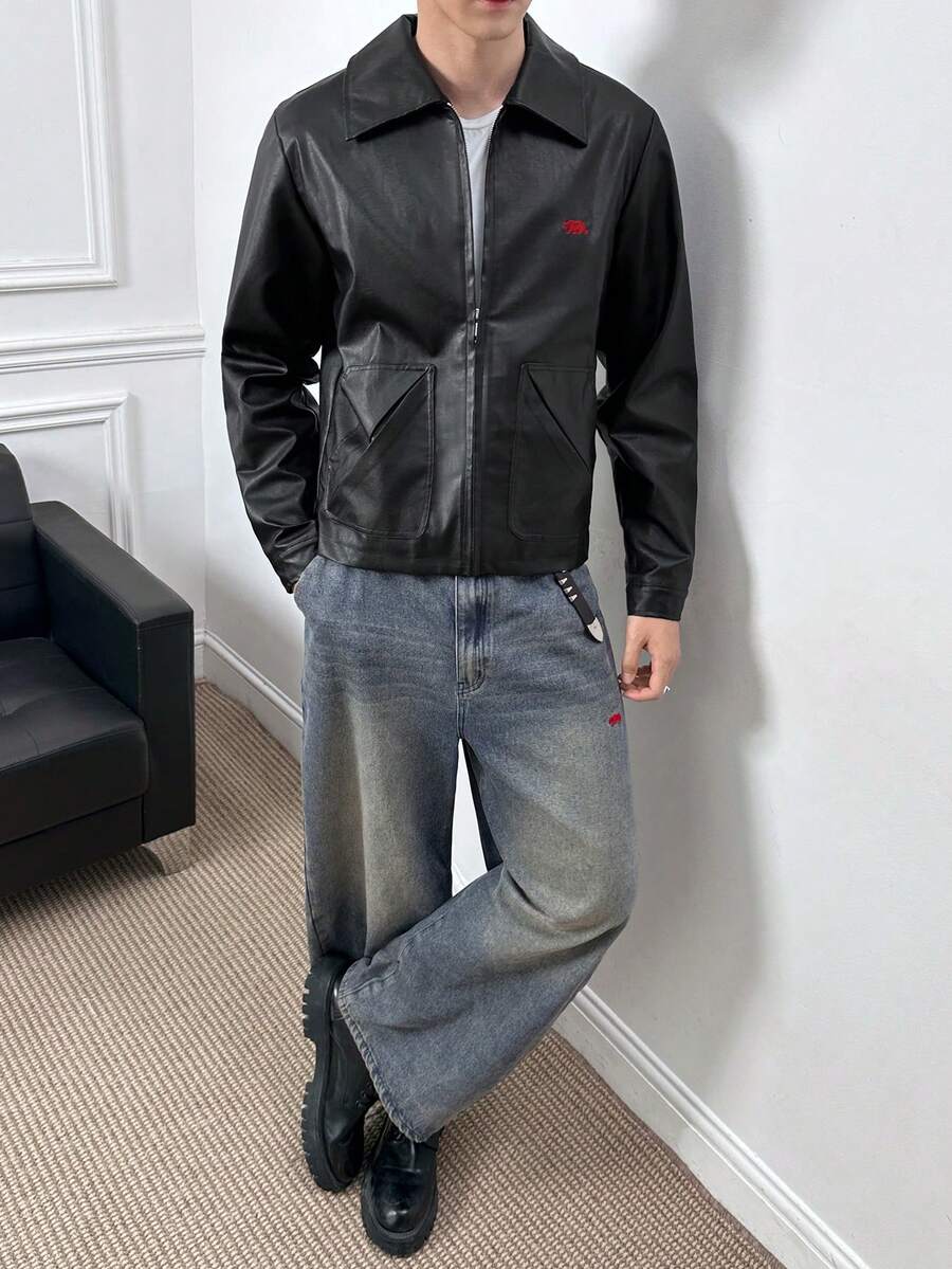 Manfinity BRENVOR Men's PU Leather Long Sleeve Zip Front Casual Jacket - Black - View 1