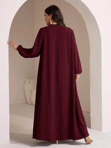 Veilorie 大码女式纯色圆领灯笼袖纽扣设计宽松休闲连衣裙 - 酒紅色 - 查看 2