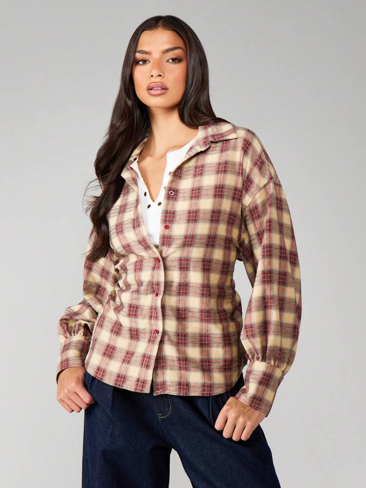 MISSGUIDED Plaid Button Front Long Sleeve Blouse With Tie Back Detail Fall Winter Casual Shirt