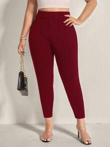 SHEIN LUNE Plus Commuting Solid High Waist Skinny Comfy Pants - Red - View 7